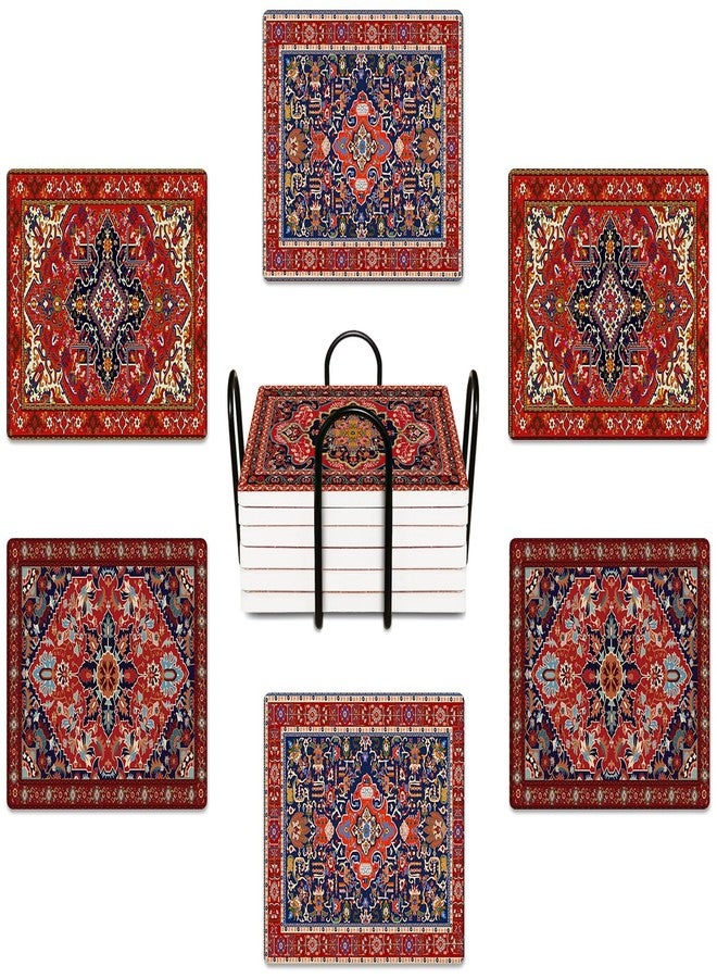 Bribay Coasters for Drinks Set of 6, Tribal Geometric Pattern Absorbent Square Ceramic Stone Mat, with Cork Base and Metal Holder, Gift for Housewarming Room Bar Decor - Image 1